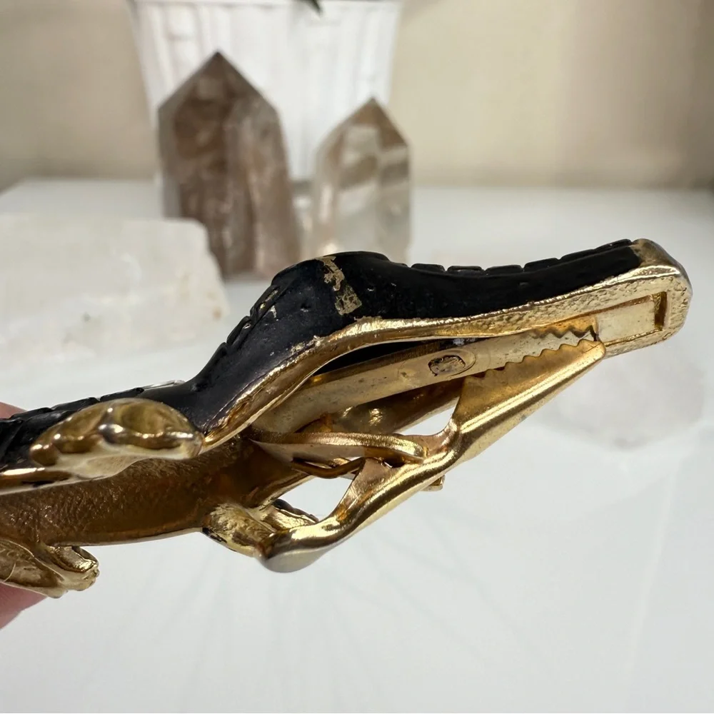 Vintage Gold Tone Metal & Black Alligator / Crocodile Clip - Picture 10 of 15